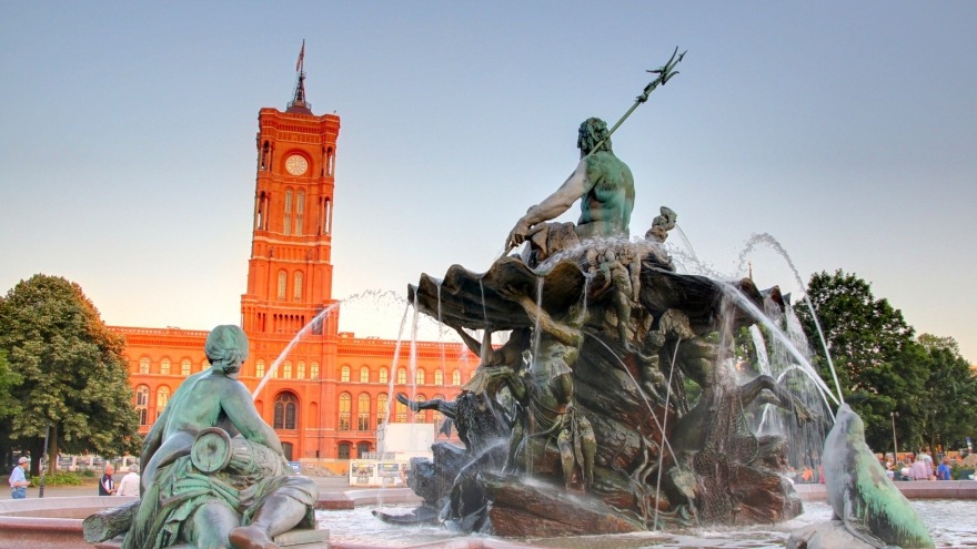 city hall with fountain